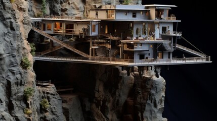 A canyon-side miniature house with a suspended bridge connecting different parts of the dwelling.