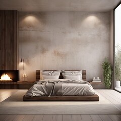 A cozy bedroom setting featuring a 3D wall mockup background with soft lighting and minimalist decor. - Image #1 @baseer123