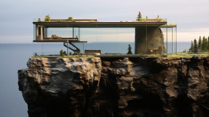 Fototapeta na wymiar A cliffside miniature house with a glass front, offering unobstructed views of the ocean.