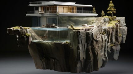 A cliffside miniature house with a cantilevered design and a glass-floored observation deck.