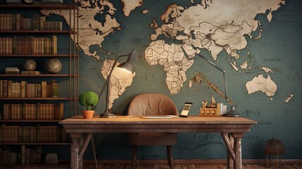 A cozy study area featuring a 3D wall mockup displaying a vintage world map with intricate details and faded colors.