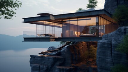 A cliffside miniature house with cantilevered architecture, providing stunning views.