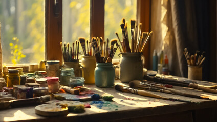 Fototapeta na wymiar artist's table, paints, brushes, window sunlight