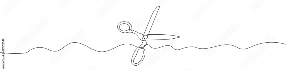 Poster continuous line drawing of scissors. one line drawing background.