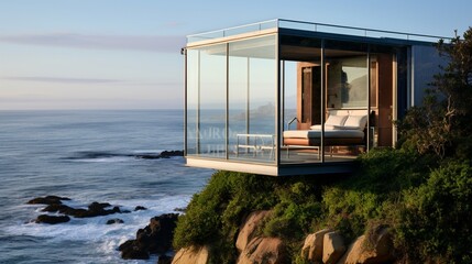 A cliffside miniature house with a glass front, offering unobstructed views of the ocean.