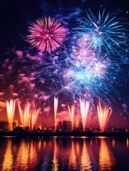 Festive Fireworks Illuminating Night Sky over Water