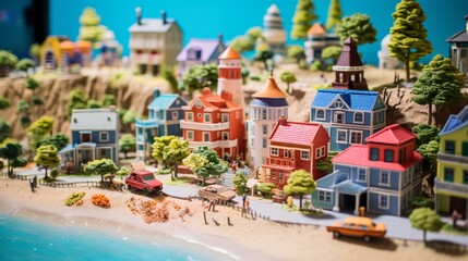 Fototapeta na wymiar A coastal miniature village with colorful beach houses and a bustling boardwalk.
