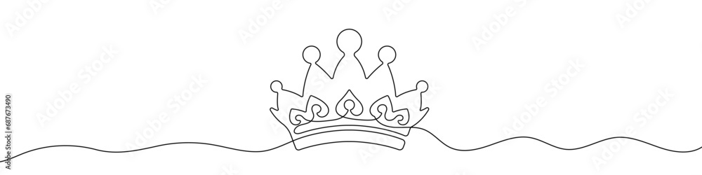 Poster crown linear background. one continuous line drawing of crown.
