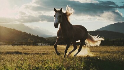A horse running in a field - obrazy, fototapety, plakaty