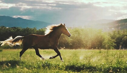 A horse running in a field - obrazy, fototapety, plakaty