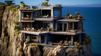 A coastal-inspired miniature home, perched on a cliff with breathtaking ocean views.