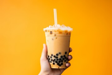 Obraz premium Hand holding asian sweet drink taipioca bubble tea on orange background.