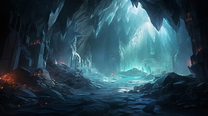 A crystalline cavern with glowing crystals creating a magical, ethereal atmosphere.