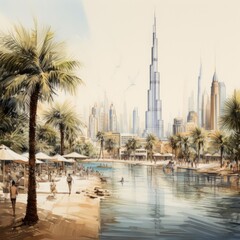 Modern Cityscape with Skyscrapers and Palm Trees