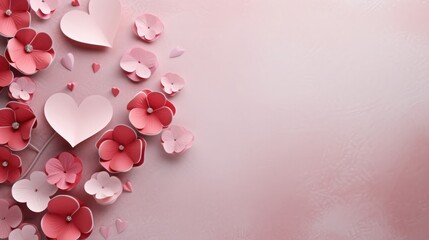 Abstract pink flowers Background with hearts for Valentines day, Illustration. Generative AI	
