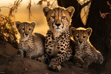 Leopard with cubs. Panthera pardus shortidgei, nature habitat, big wild cat in the nature habitat, sunset on the savannah. Wildlife nature. Africa wildlife. Close-up portrait. - Powered by Adobe