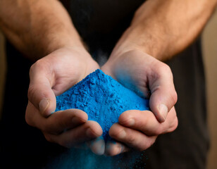 Close-up of hands holding blue powder