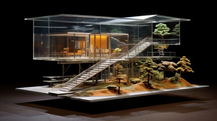 A contemporary miniature house with a transparent glass bridge connecting two wings.