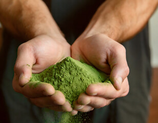 Close-up of hands holding green powder