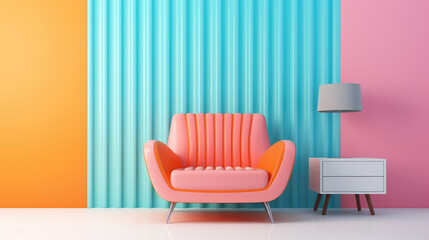 Pastel armchair in a room with a background, minimal decor 