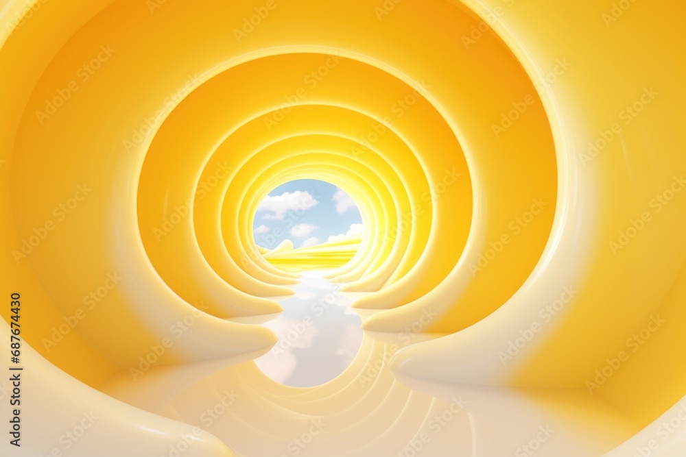 Poster a vibrant yellow tunnel with a picturesque sky and fluffy clouds in the background. perfect for addi