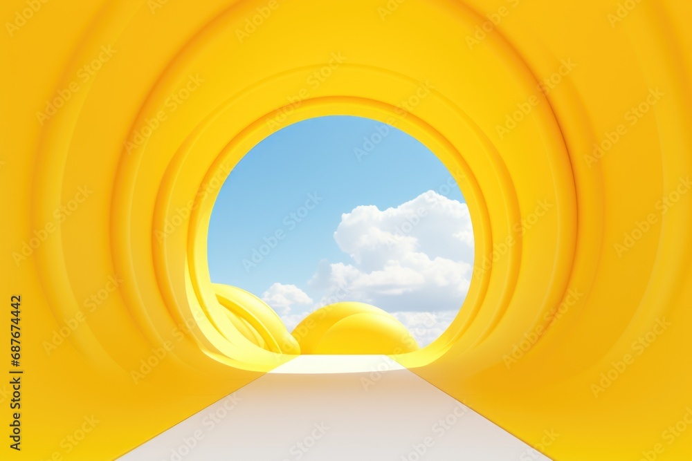 Poster a vibrant yellow tunnel with a stunning blue sky in the background. perfect for adding a pop of colo