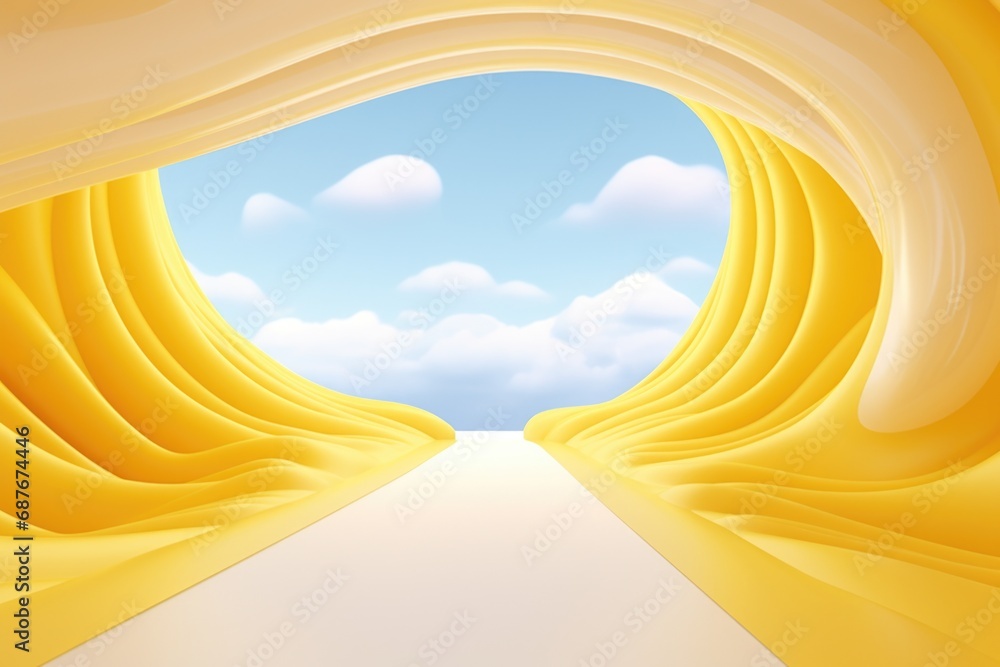 Poster a vibrant yellow tunnel with a picturesque sky and fluffy clouds. perfect for adding a pop of color 