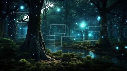 A cybernetic forest with trees embedded with glowing circuits and interactive interfaces.