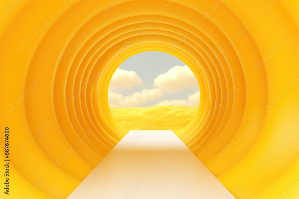 Poster a vibrant yellow tunnel with a picturesque sky and fluffy clouds in the background. perfect for addi