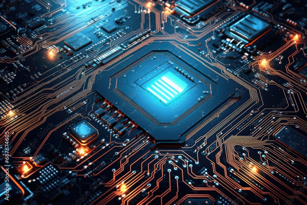 Poster a detailed close up of a computer chip on a circuit board. this image can be used to illustrate tech