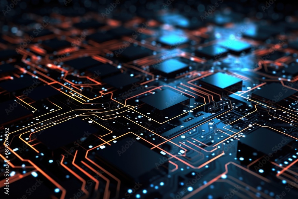 Poster a detailed close up of a computer circuit board. this image can be used to illustrate technology, el
