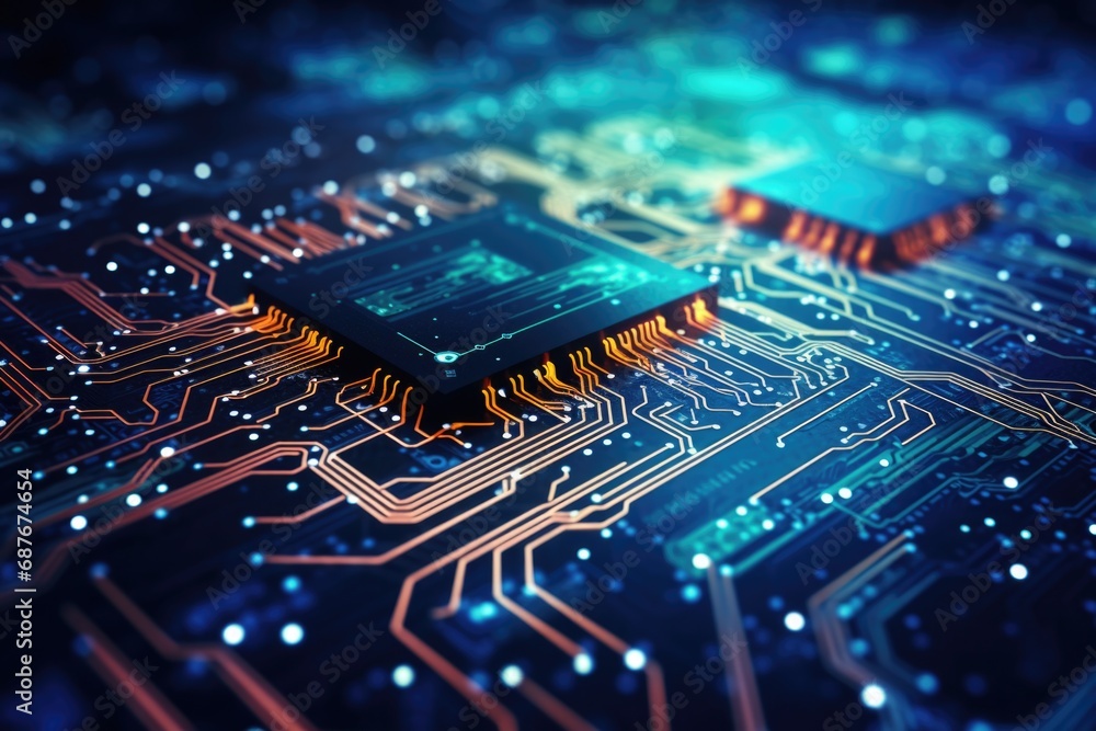 Poster a detailed view of a computer circuit board. this image can be used to illustrate technology, electr