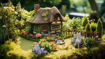 A countryside miniature cottage with a thatched roof and flower-filled garden.