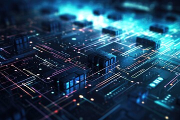 A detailed close up of a computer circuit board. This image can be used to depict technology, electronics, or computer hardware.