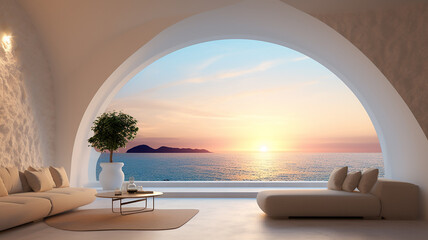 hotel villa apartments on the seashore in a cliff with a swimming pool and white walls overlooking the ocean at sunset