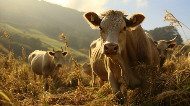 A cow in a meadow, representing agriculture, livestock, and the beauty of the countryside