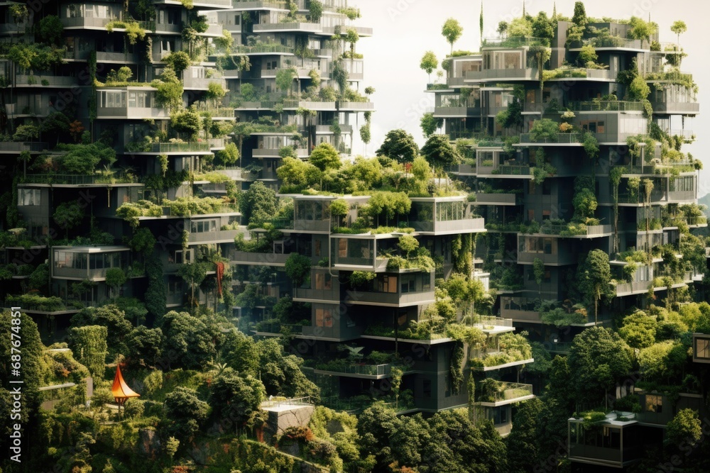 Poster a picture of a very tall building with a unique feature of trees growing on top. perfect for archite