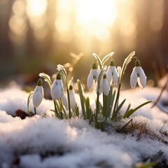 A group of snowdrops in the snow