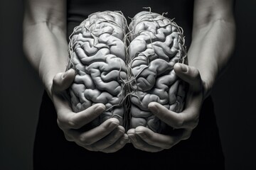 A person holding two halves of a brain. Ideal for illustrating concepts related to neurology, psychology, brain research, or the left and right brain hemispheres.