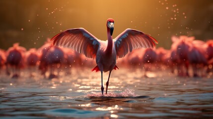 Flamboyant flamingo flight, a group of elegant flamingos in mid-flight, creating a stunning visual display of color and grace - obrazy, fototapety, plakaty
