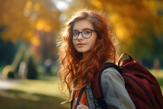 A woman with red hair is seen wearing glasses and carrying a backpack. This image can be used to depict a traveler, a student, or a professional on the go.