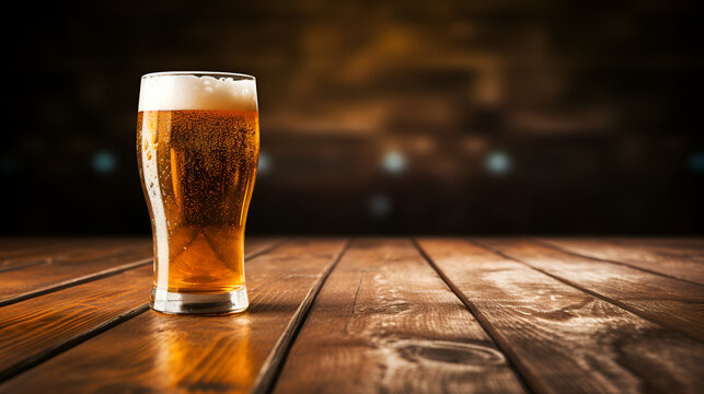 A glass of beer in close-up on a wooden table