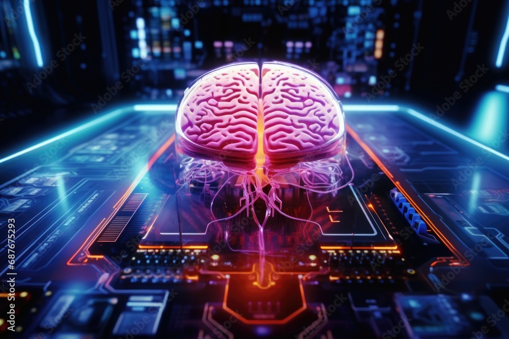 Poster an image of a brain placed on top of a circuit board. this picture can be used to represent the fusi