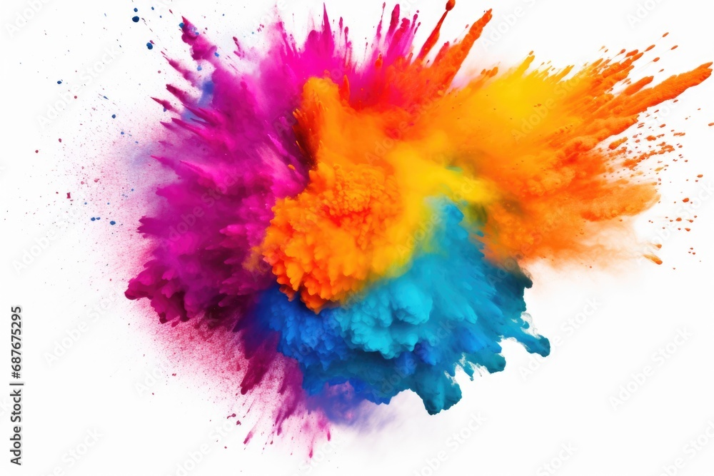 Poster a vibrant explosion of colored powder captured on a clean white background. this image is perfect fo