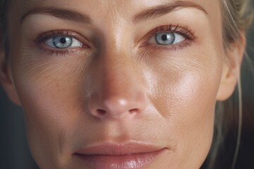 A close-up view of a woman's face highlighting her captivating blue eyes. Perfect for beauty, cosmetics, and eye care-related projects