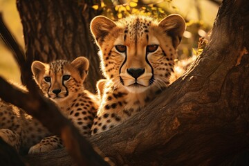 Leopard with cub. Panthera pardus shortidgei, nature habitat, big wild cat in the nature habitat, sunset on the savannah. Wildlife nature. Africa wildlife. Close-up portrait. - Powered by Adobe