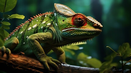 Fototapeta premium Chameleon in camouflage, a green reptile blending into its surroundings, illustrating the incredible adaptability of these creatures