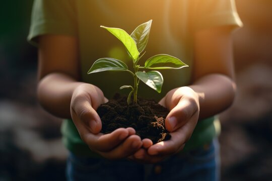 A person holding a small plant in their hands. This image can be used to represent concepts such as growth, nurturing, sustainability, and environmental conservation