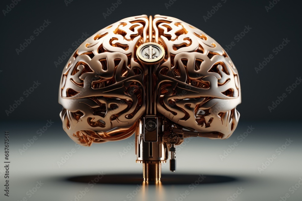 Poster a mechanical brain model with a clock on top. suitable for illustrating concepts related to artifici