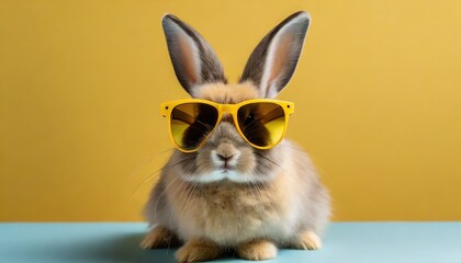 cute fluffy domestic rabbit with long ears wearing yellow stylish sunglasses against pastel yellow background